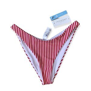 NWT Cupshe Bikini Bottom Size Small Red ‎ White Striped Reversible High-Waisted